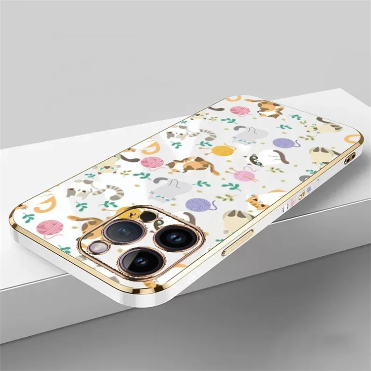 RZANTS For iPhone 14 Pro Electroplating Phone Case Yarn Ball Cat Pattern TPU Protective Cover - White