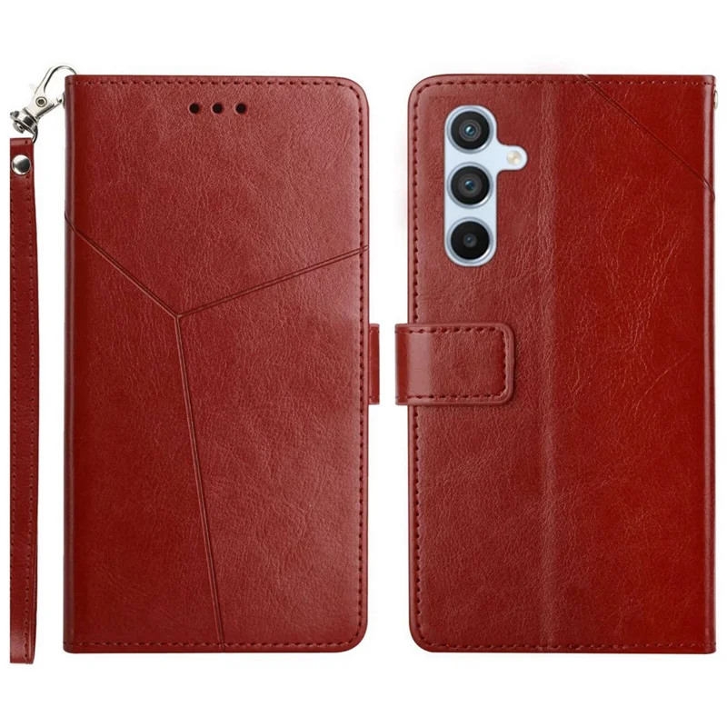 For Samsung Galaxy M14 5G HT01 Wallet Phone Case PU Leather Y-shaped Line Imprinted  Stand Cover - Brown