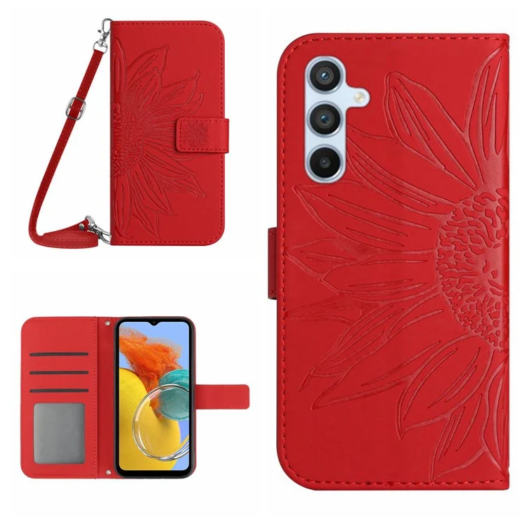 Per Samsung Galaxy M14 5G HT04 Sunflower Pattern Phone Case PU Leather Cover Stand Wallet con Tracolla - Rosso