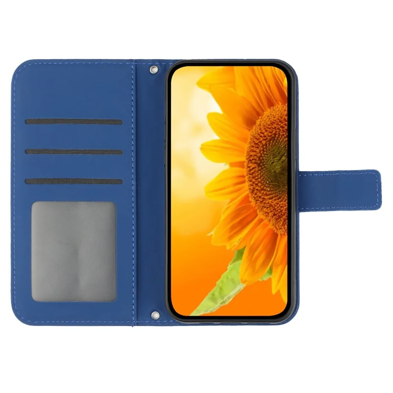 For Samsung Galaxy M14 5G HT04 Cell Phone Cover Leather Phone Case Sunflower Imprinted Stand Wallet - Sapphire