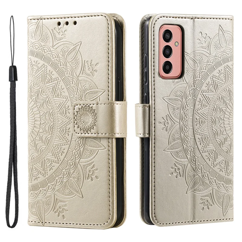 For Samsung Galaxy M14 5G Wallet Stand Flip Cover Mandala Flower Pattern Leather Phone Case - Gold
