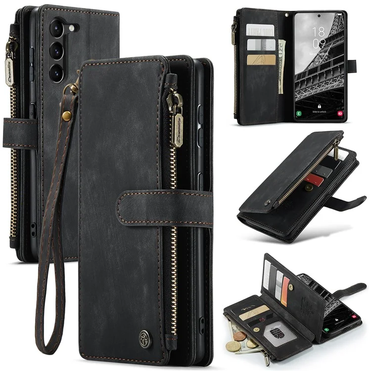 CASEME C30-Serie für Samsung Galaxy S23+ PU-Leder-Handyhülle mit Kartenfächern, Reißverschlusstaschen und Ständer - Schwarz