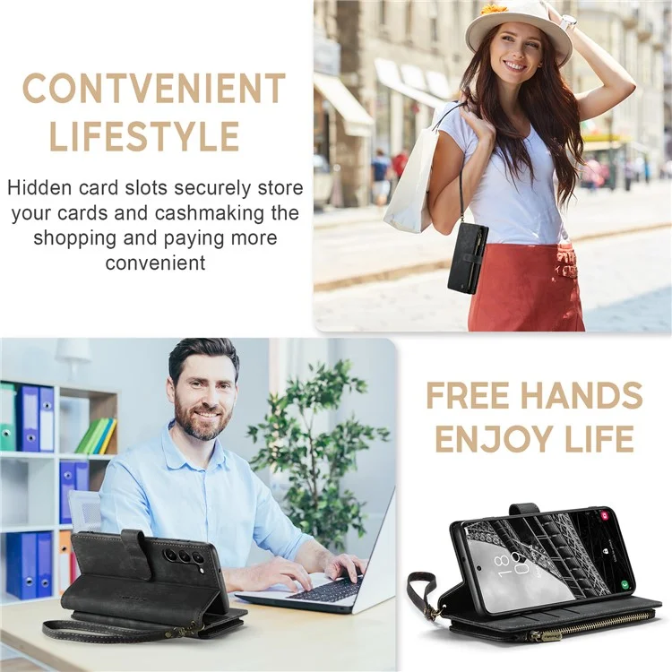 CASEME C30-Serie für Samsung Galaxy S23+ PU-Leder-Handyhülle mit Kartenfächern, Reißverschlusstaschen und Ständer - Schwarz