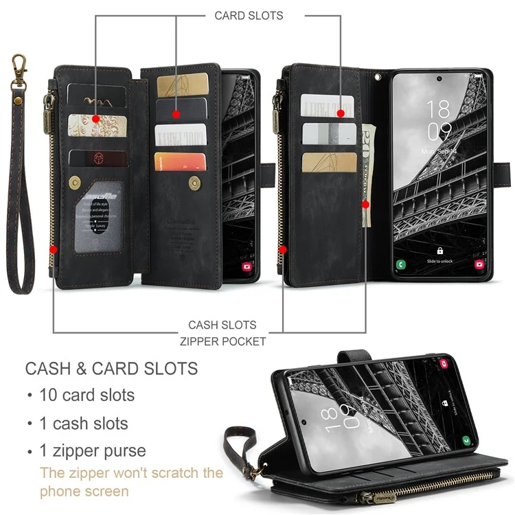 CASEME C30-Serie für Samsung Galaxy S23+ PU-Leder-Handyhülle mit Kartenfächern, Reißverschlusstaschen und Ständer - Schwarz