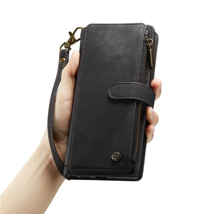 CASEME C30-Serie für Samsung Galaxy S23+ PU-Leder-Handyhülle mit Kartenfächern, Reißverschlusstaschen und Ständer - Schwarz