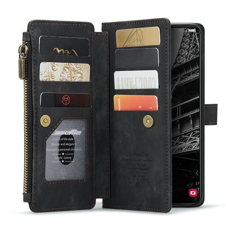 CASEME C30-Serie für Samsung Galaxy S23+ PU-Leder-Handyhülle mit Kartenfächern, Reißverschlusstaschen und Ständer - Schwarz