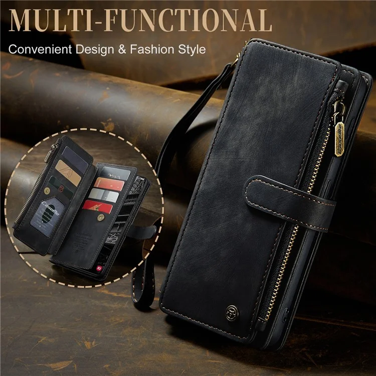 CASEME C30-Serie für Samsung Galaxy S23+ PU-Leder-Handyhülle mit Kartenfächern, Reißverschlusstaschen und Ständer - Schwarz