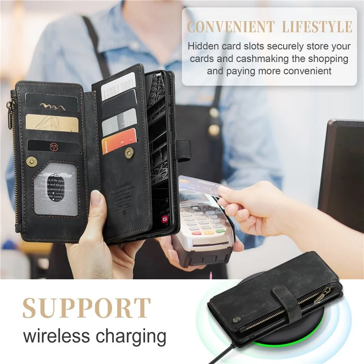 CASEME C30-Serie für Samsung Galaxy S23+ PU-Leder-Handyhülle mit Kartenfächern, Reißverschlusstaschen und Ständer - Schwarz