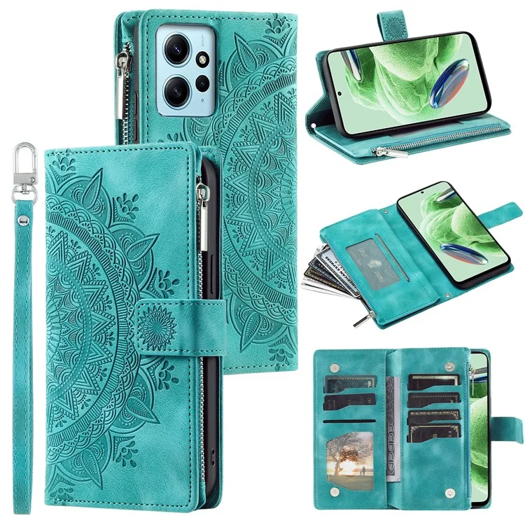 Für Xiaomi Redmi Note 12 4G Leder-Flip-Cover Mandala-Blumenmuster Brieftasche Handyhülle - Grün