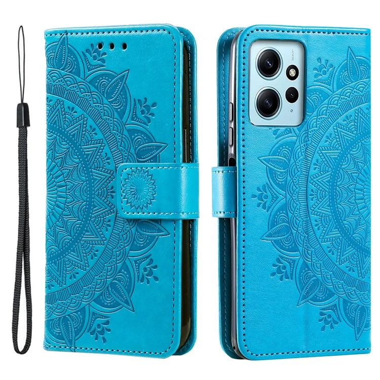 Leather Flip Cover for Xiaomi Redmi Note 12 4G Case Mandala Flower Pattern Wallet Phone Shell - Blue
