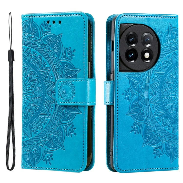 Leder-Flip-Case für OnePlus 11 5G, schockfeste Smartphone-Schale, Mandala-Blumenmuster, Wallet-Handyhülle - Blau