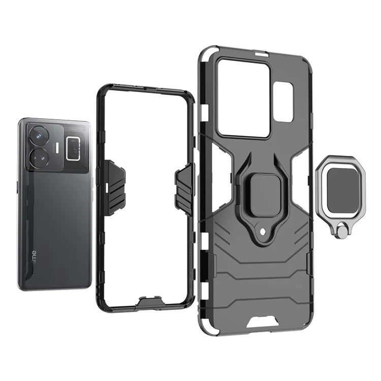 Para Realme GT Neo 5 5G / GT3 5G Anel Suporte Telefone Caso Choque Absorvente TPU+PC Capa Protetora - Preto