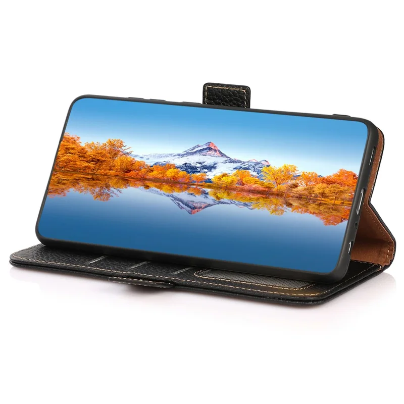 KHAZNEH Para o Google Pixel 7a RFID Bloqueando Case de Suporte para Celular Genuína Carteira de Couro de Vaca à prova de queda - Preto