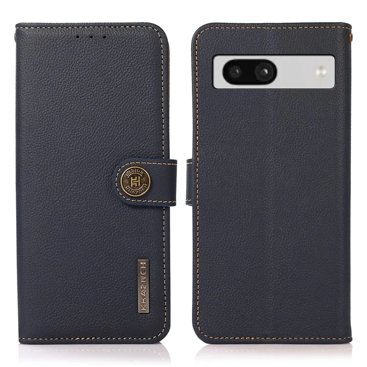 KHAZNEH Para Google Pixel 7a RFID Blocking Wallet Phone Shell Genuine Cow Leather Stand Cover - Azul