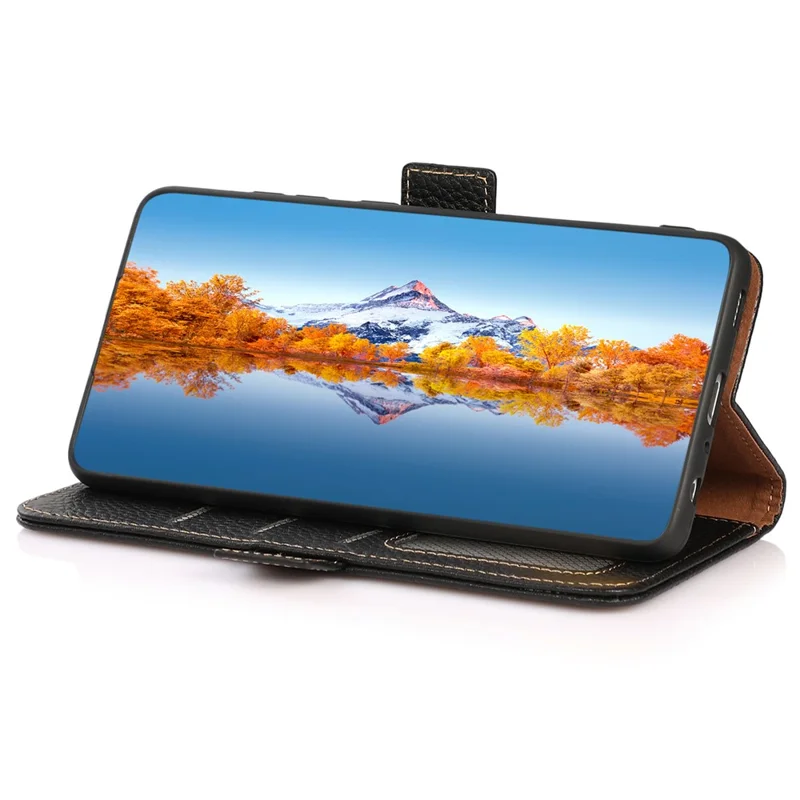 KHAZNEH Für Xiaomi Redmi Note 12 4G Echtes Leder Hülle RFID-Blocking Stand Wallet Handyhülle - Schwarz