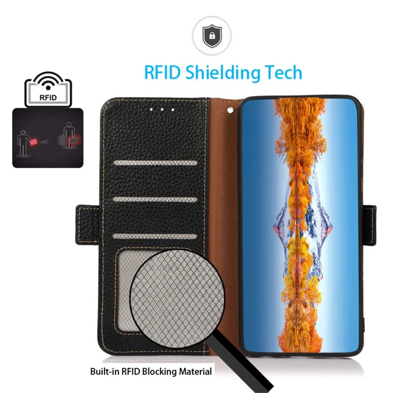 KHAZNEH Für Xiaomi Redmi Note 12 4G Echtes Leder Hülle RFID-Blocking Stand Wallet Handyhülle - Schwarz