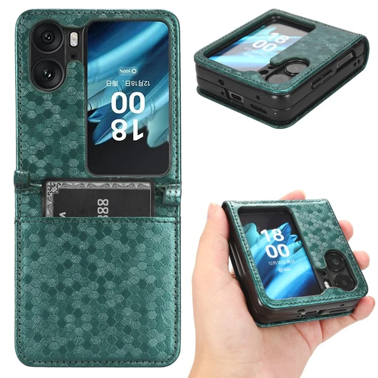 Складной кожаный чехол для Oppo Find N2 Flip 5G, с тиснением в виде точечного узора и держателем для карт - зеленый