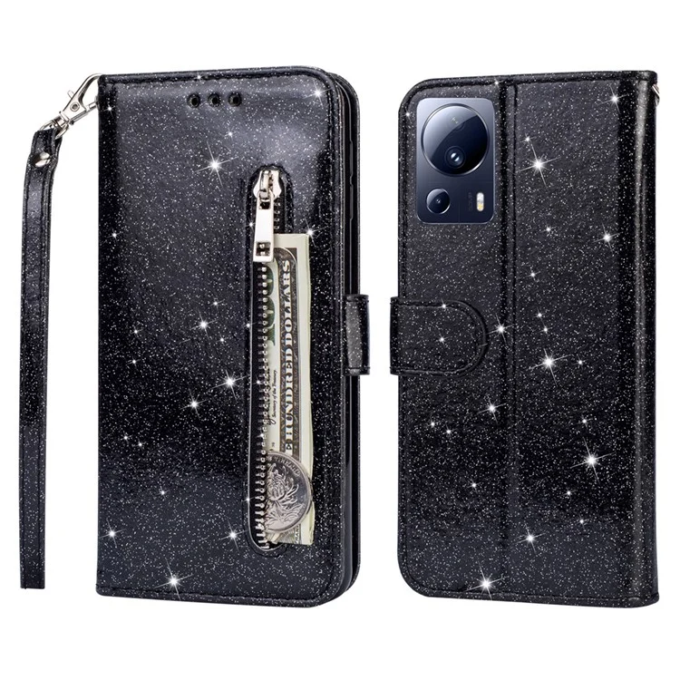 For Xiaomi 13 Lite / Civi 2 5G Glittery Leather Phone Stand Case Zippered Wallet Phone Cover - Black