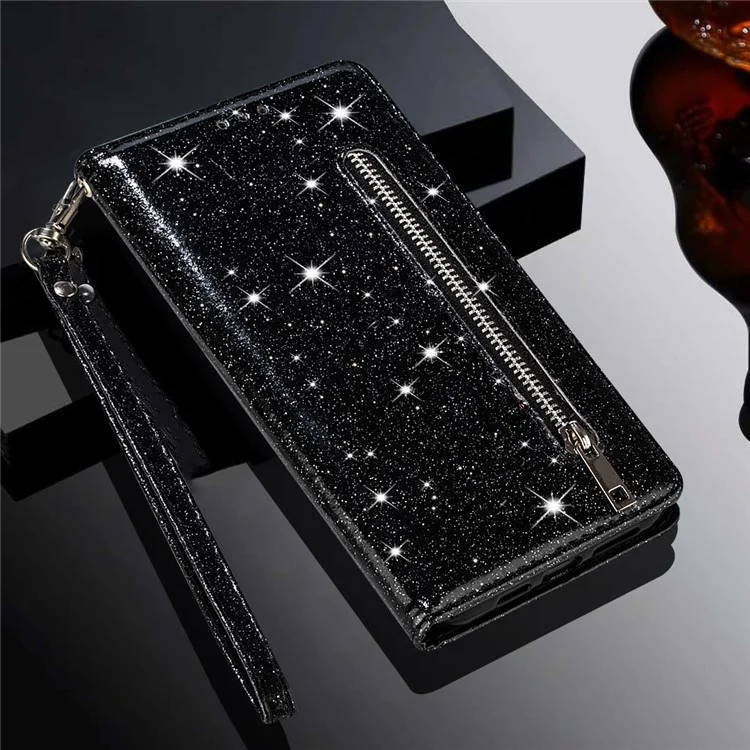 For Xiaomi 13 Lite / Civi 2 5G Glittery Leather Phone Stand Case Zippered Wallet Phone Cover - Black