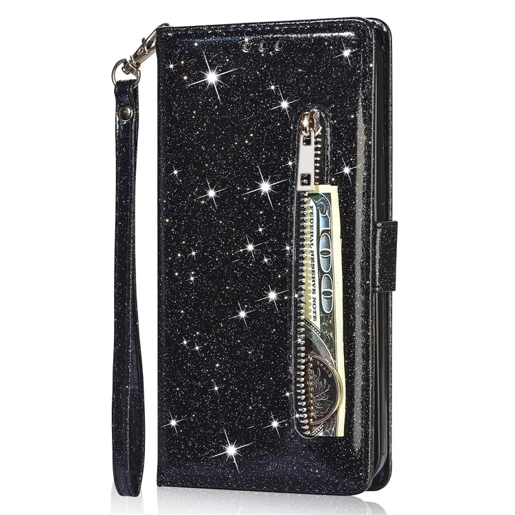For Xiaomi 13 Lite / Civi 2 5G Glittery Leather Phone Stand Case Zippered Wallet Phone Cover - Black