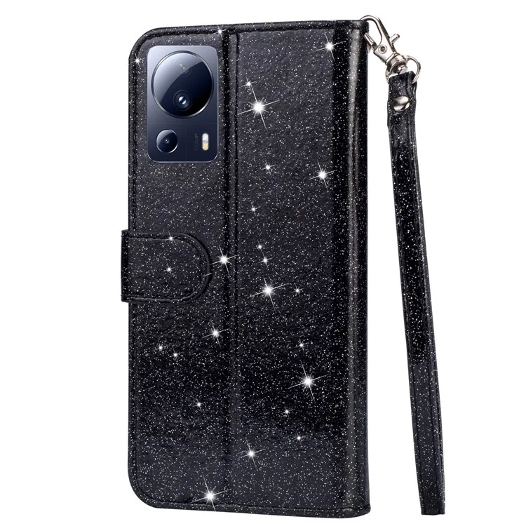 For Xiaomi 13 Lite / Civi 2 5G Glittery Leather Phone Stand Case Zippered Wallet Phone Cover - Black