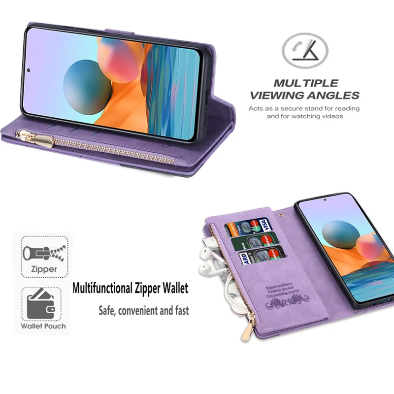 For Xiaomi Poco X5 Pro 5G / Redmi Note 12 Pro Speed 5G / Note 12 Pro 5G Phone Case Zipper Pocket PU Leather Cover - Purple