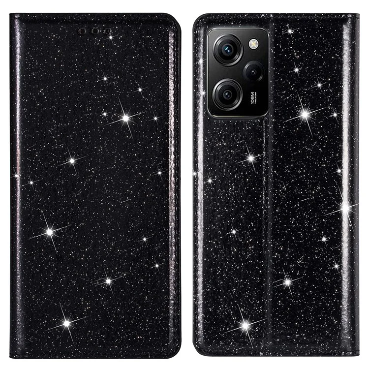 For Xiaomi Poco X5 Pro 5G / Redmi Note 12 Pro Speed 5G / Note 12 Pro 5G Phone Case Glitter PU Leather Flip Cover - Black
