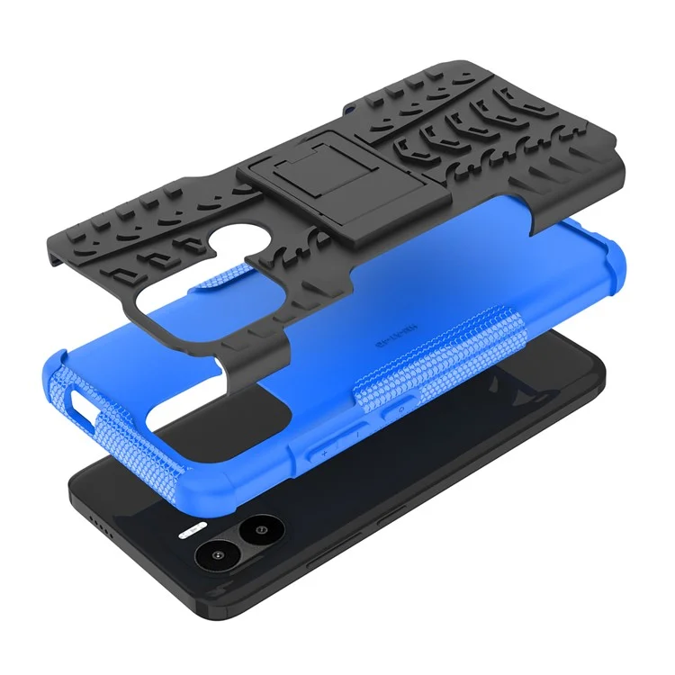 Pour Xiaomi Redmi A1+ 4G / A2+ 4G / Poco C50 4G Étui de téléphone avec support Coque PC+TPU Motif pneu antichoc - Bleu