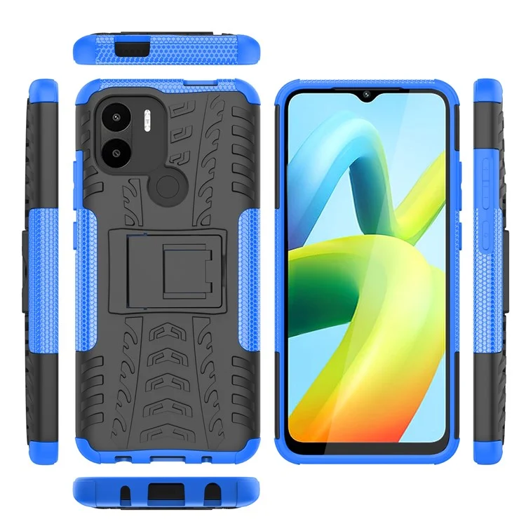 Pour Xiaomi Redmi A1+ 4G / A2+ 4G / Poco C50 4G Étui de téléphone avec support Coque PC+TPU Motif pneu antichoc - Bleu