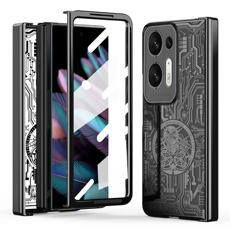 For Oppo Find N2 5G Mechanical Legend Series Electroplating PC Folding Phone Case Cover with Tempered Glass Film - Black