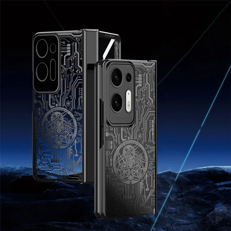 For Oppo Find N2 5G Mechanical Legend Series Electroplating PC Folding Phone Case Cover with Tempered Glass Film - Black