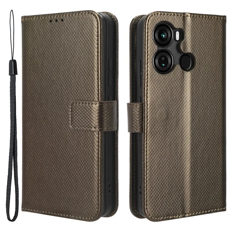 Pour itel P40 Étui de téléphone portefeuille en cuir PU avec fermeture éclair - Texture diamant Étui de protection avec support - Marron