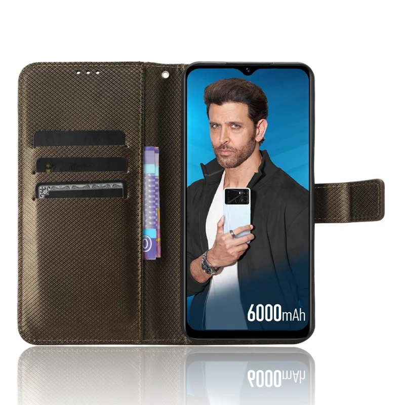 Pour itel P40 Étui de téléphone portefeuille en cuir PU avec fermeture éclair - Texture diamant Étui de protection avec support - Marron