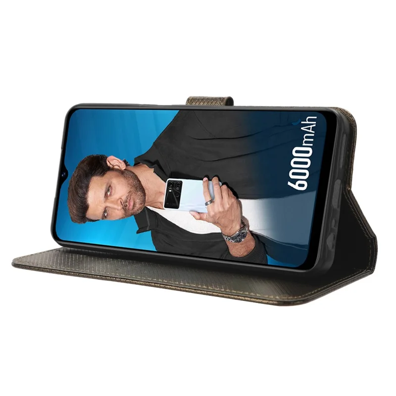 Pour itel P40 Étui de téléphone portefeuille en cuir PU avec fermeture éclair - Texture diamant Étui de protection avec support - Marron
