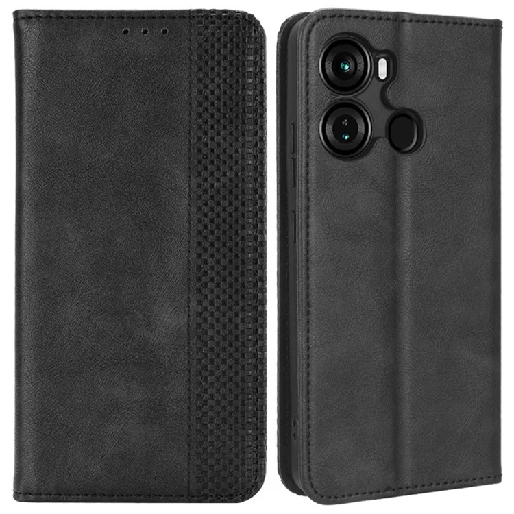 For itel P40 Retro Phone Cover Magnetic PU Leather Stand Cell Phone Wallet Case - Black