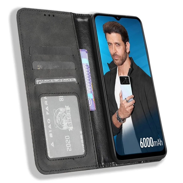 For itel P40 Retro Phone Cover Magnetic PU Leather Stand Cell Phone Wallet Case - Black