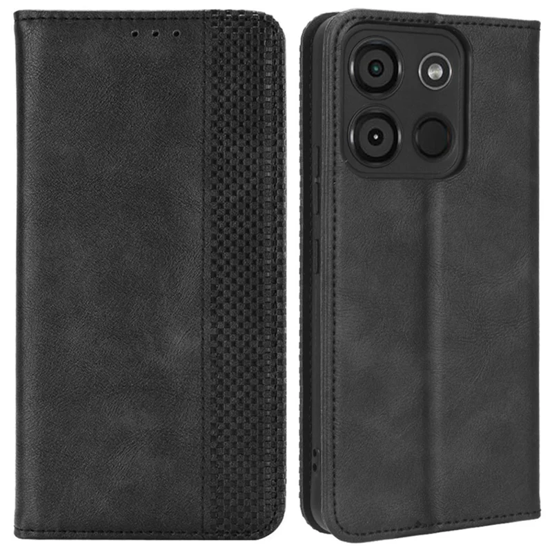 Pour itel A60 Retro Texture Phone Cover Magnetic PU Leather Stand Cell Phone Wallet Case - Noir