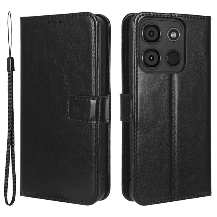 Para itel A60 Crazy Horse Texture Wallet Case PU Leather Stand Folio Flip Phone Cover - Negro