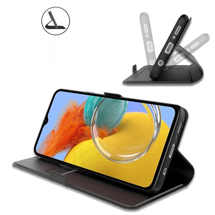 Para Samsung Galaxy M14 5G Stand Leather Phone Case Card Holder Mobile Phone Cover - Preto