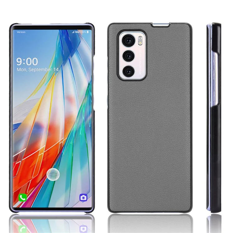 For LG Wing 5G Litchi Texture PU Leather Coated PC Case Anti-scratch Cell Phone Cover - Grey