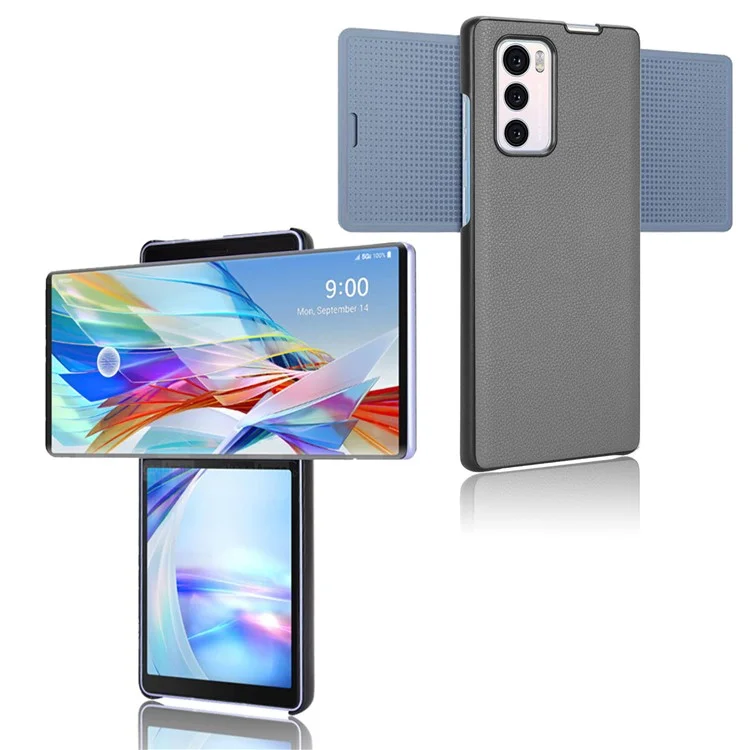 For LG Wing 5G Litchi Texture PU Leather Coated PC Case Anti-scratch Cell Phone Cover - Grey