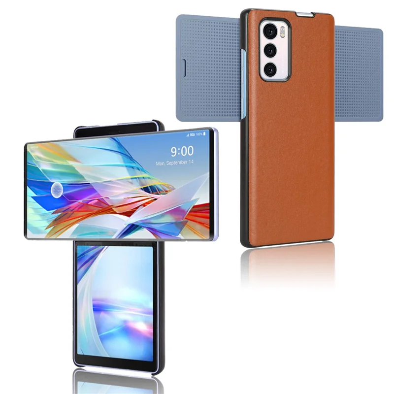 Funda de teléfono celular de PC con revestimiento de cuero de PU para LG Wing 5G, a prueba de golpes, cubierta para teléfono inteligente - Marrón
