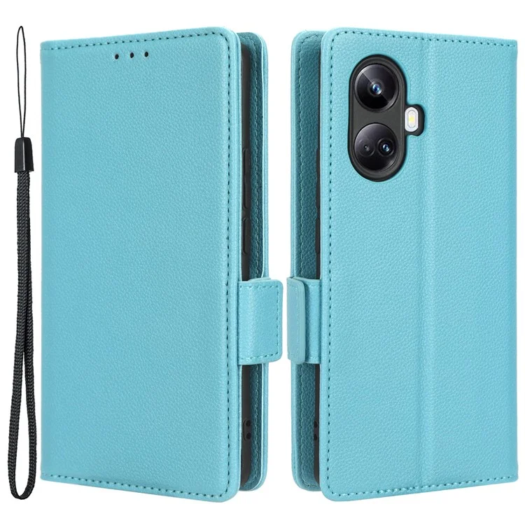 Para Realme 10 Pro+ 5G Capa de telefone em couro PU com textura de lichia Flip Folio Book Stand Wallet Cover - Azul bebê