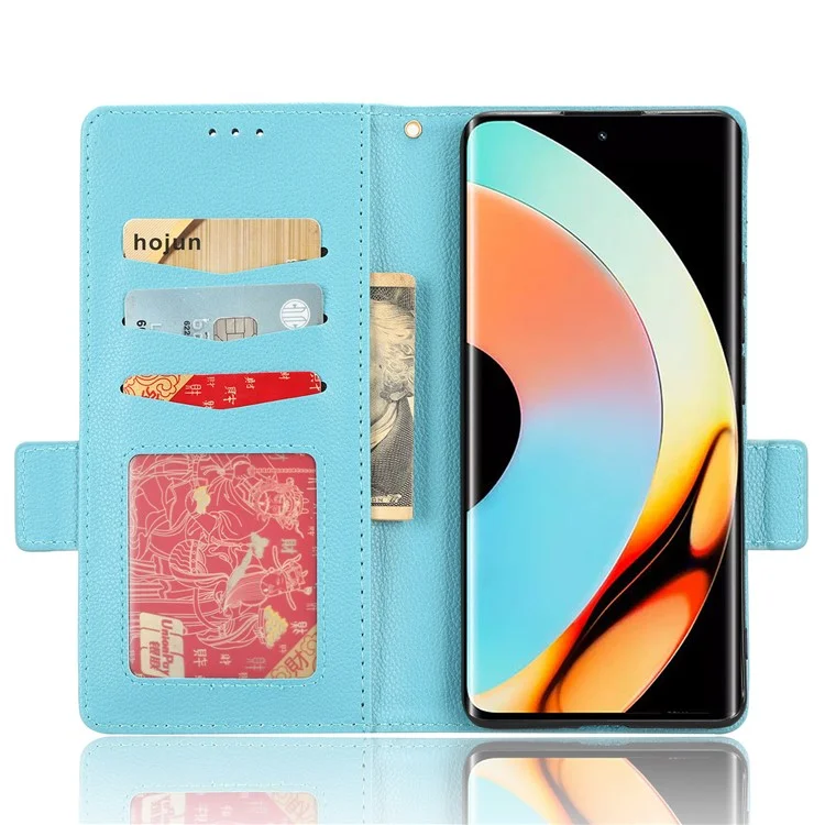 Para Realme 10 Pro+ 5G Capa de telefone em couro PU com textura de lichia Flip Folio Book Stand Wallet Cover - Azul bebê