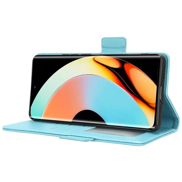Para Realme 10 Pro+ 5G Capa de telefone em couro PU com textura de lichia Flip Folio Book Stand Wallet Cover - Azul bebê