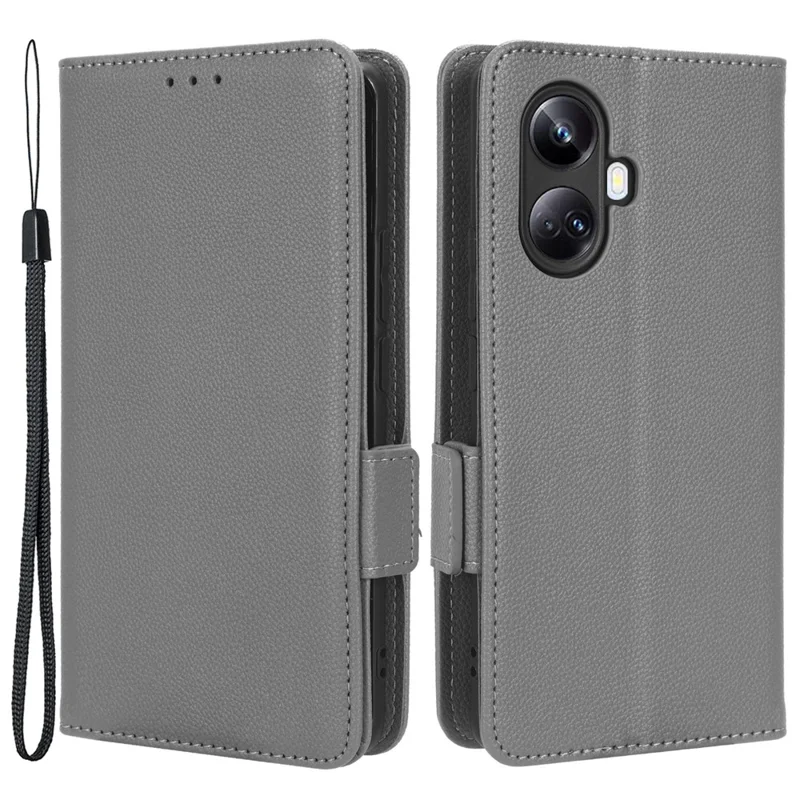 For Realme 10 Pro+ 5G PU Leather Litchi Texture Phone Case Flip Folio Book Stand Wallet Cover - Grey