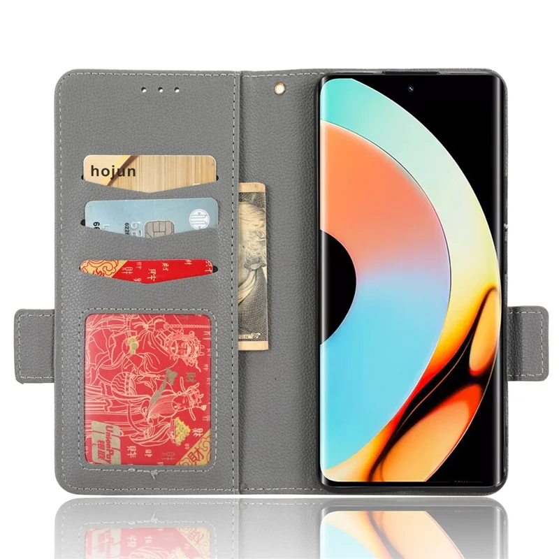 For Realme 10 Pro+ 5G PU Leather Litchi Texture Phone Case Flip Folio Book Stand Wallet Cover - Grey