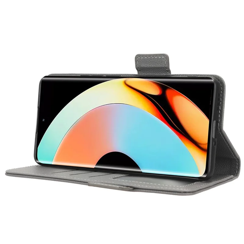 For Realme 10 Pro+ 5G PU Leather Litchi Texture Phone Case Flip Folio Book Stand Wallet Cover - Grey