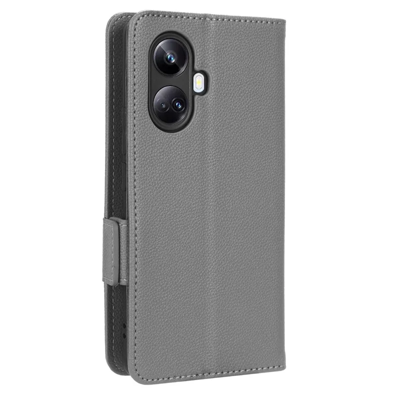 For Realme 10 Pro+ 5G PU Leather Litchi Texture Phone Case Flip Folio Book Stand Wallet Cover - Grey