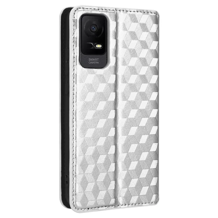 For TCL Ion X Flip Phone Cover PU Leather Rhombus Pattern Imprinted Stand Phone Case - Silver